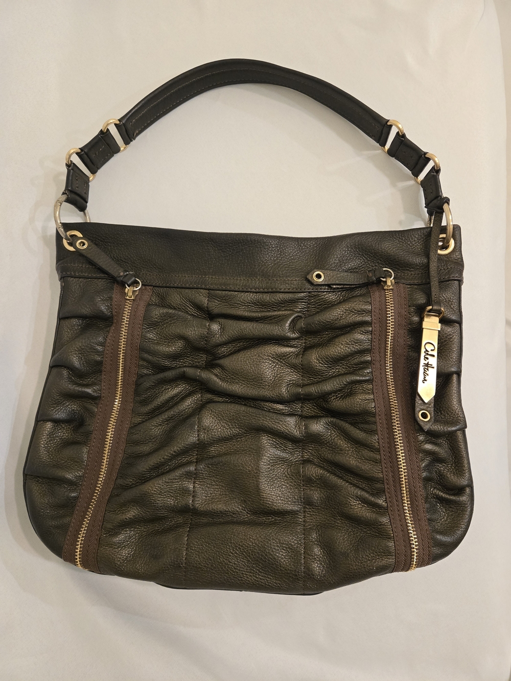 Cole Haan Metallic Brown Ruched Leather Shoulder Bag with Gold Accents